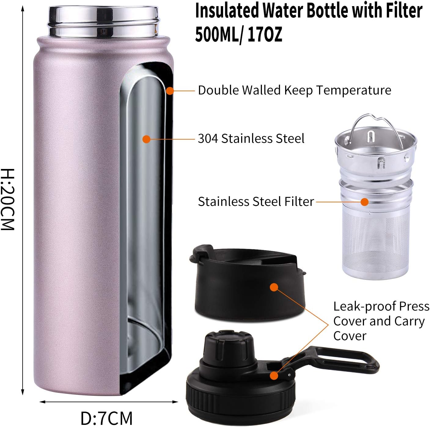 Sivaphe Infuser Travel Mug with Removable loose leaf Tea Strainer Tea Filter Water Bottle 18/8 Stainless Steel Insulated Tumbler for Women Rosegold