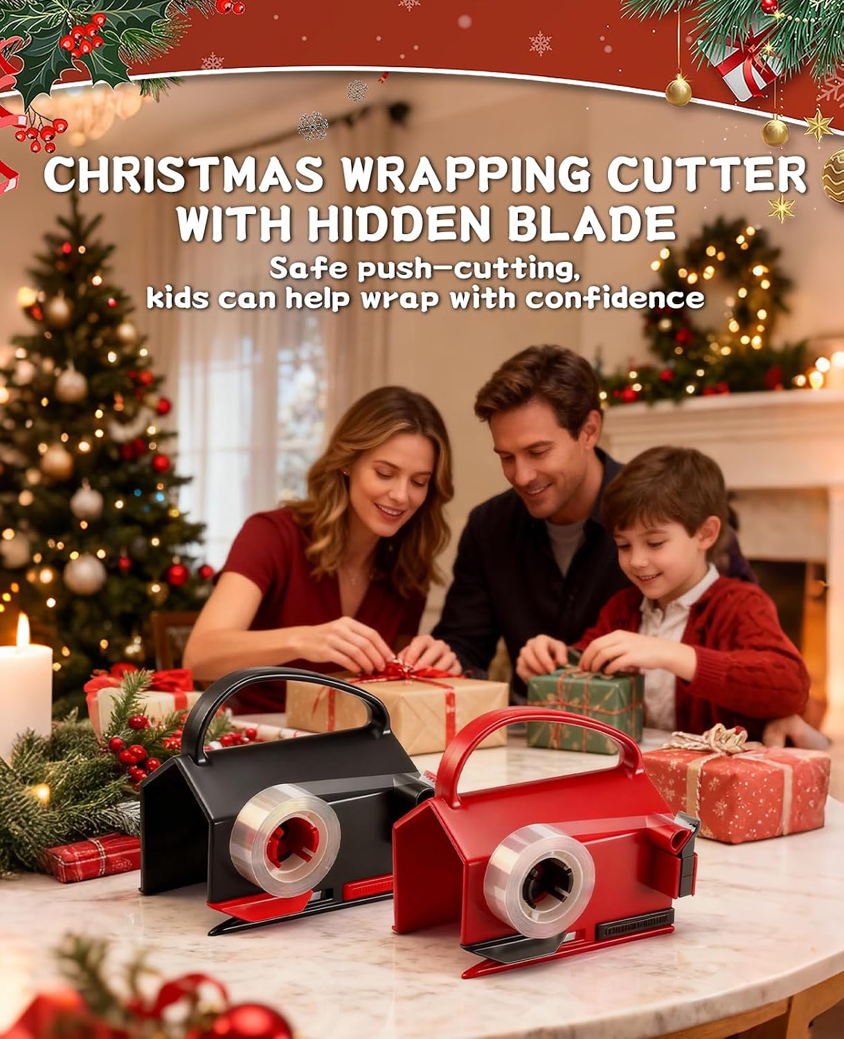 2 Pack Wrapping Paper Cutter & Tape Dispenser Dual Use, Gift Wrap Cutter Tool for Rolls Paper with 4 Tapes & 2 Replace Blades Kit for Christmas Birthday, Easy Cut for Present Wrapping