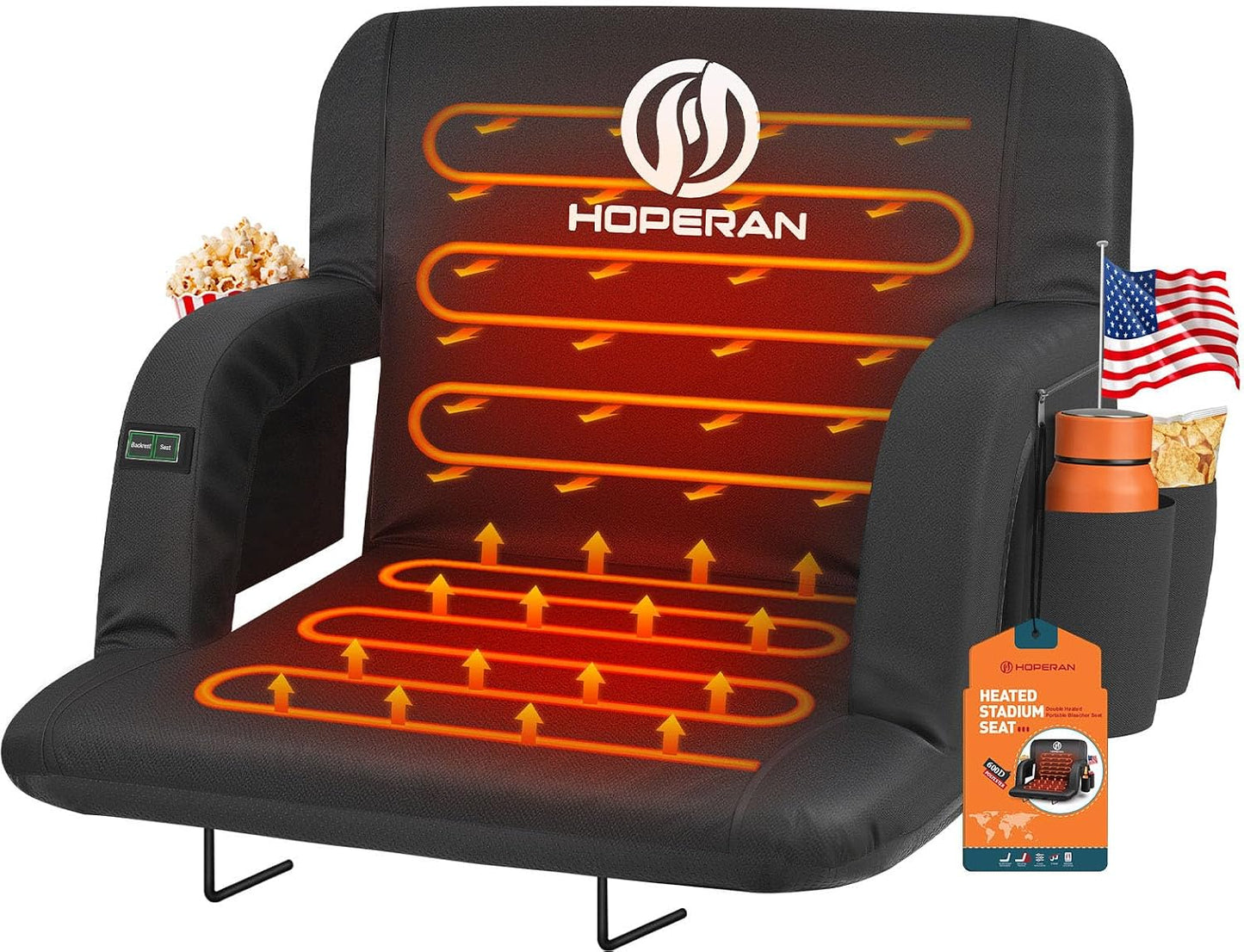 HOPERAN Heated Stadium Seats with Back Support, Dual Control, 1-Pack | Independent Seat & Back 3 Level Heat (NO Battery), Soft Cushion, 6 Recliner, Anti-Slip, Side Pockets, Backpack Straps