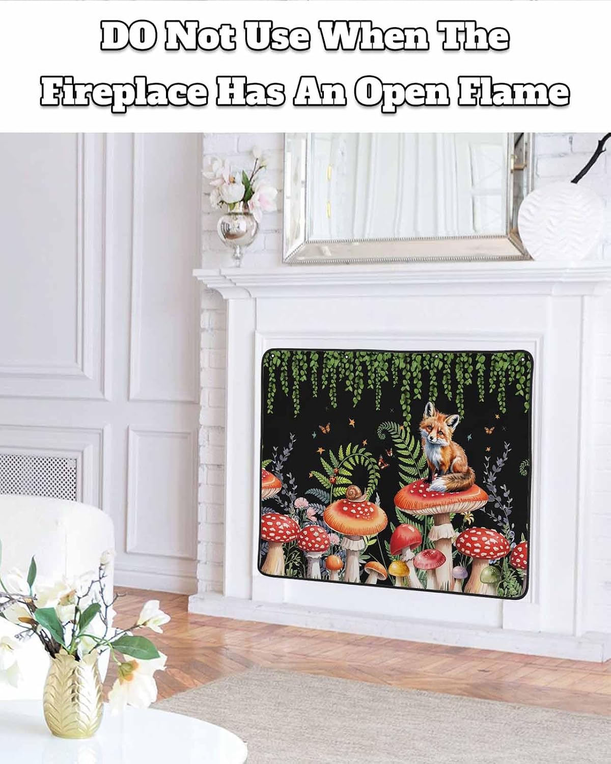 Magnetic Fireplace Cover Red Mushroom Fox Fireplace Screen Decorative Eucalyptus Leaves Butterfly Black Insulation Fireplaces Blocker Save Energy Fireplaces Draft Stopper Covers for Living Room 36x30