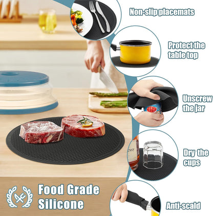 Large Microwave Splatter Cover & Silicone Mat,12 Inchs Vented Collapsible Guard dish Plate lid & Round Kitchen mat for food