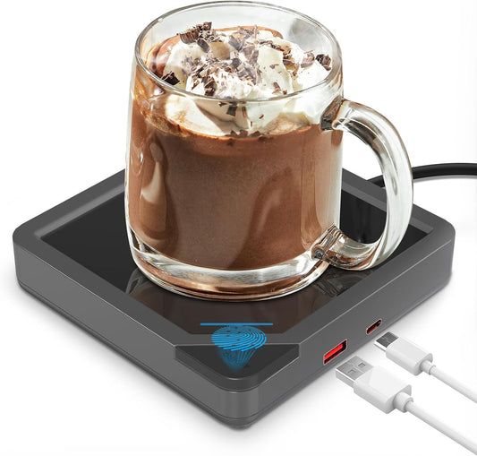 Coffee Mug Warmer with 2 USB Charging Ports: Auto Shut-Off Candle Wax Warmer - Heated Beverage Coffee Accessories for Home Office Desk - U1 Black