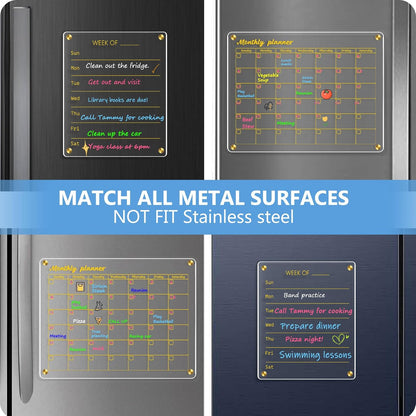 Acrylic Calendar for Fridge, Monthly Clear Acrylic Magnetic Dry Erase Board for Refrigerator, Set of 2 Stronger-Magnetic Reusable Fridge Planner, Includes 6 Liquid Chalk Markers