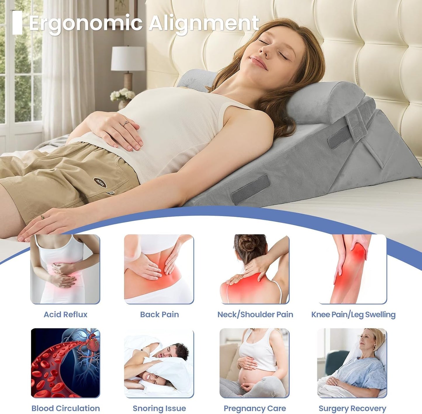Sasttie Adjustable Wedge Pillow Set for After Surgery, Dark Grey & White | Bed Wedge Pillow Headboard with Memory Foam Neck Cushion, for Acid Reflux, Sleeping, Neck & Back Support