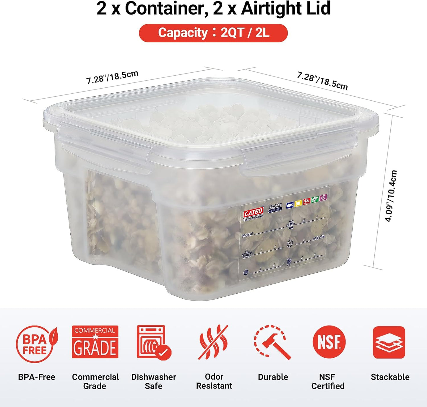 2 Pack 18 QT BPA-Free Translucent Polypropylene Airtight Food Storage Containers, Labeling Area, Stackable Bulk Storage for Flour, Rice, Sugar & Pet Food