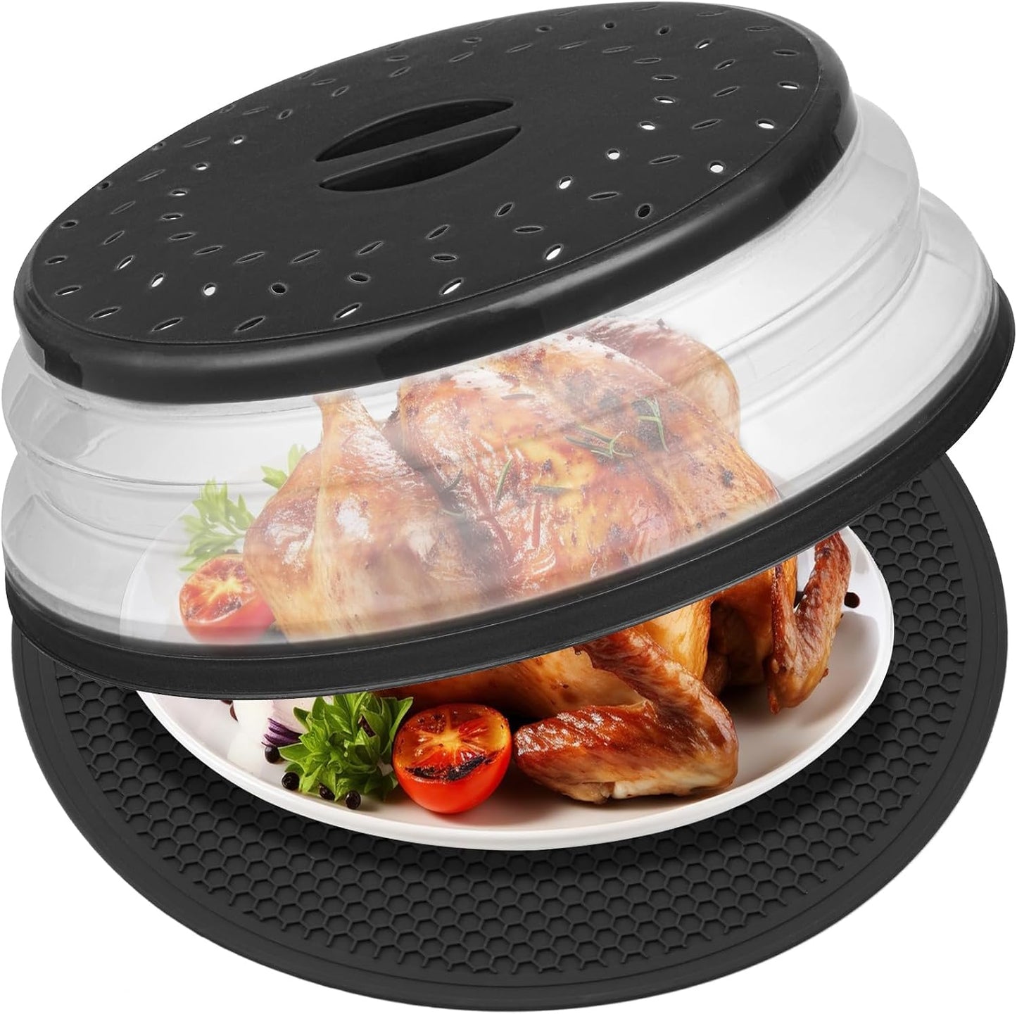 Microwave Splatter Cover & Silicone Mat, 10inch | Black, Collapsible, Vented, Reusable Food Guard & Plate Cover, Heat-Resistant Trivet for Pots, Pans, & Kitchen Counter