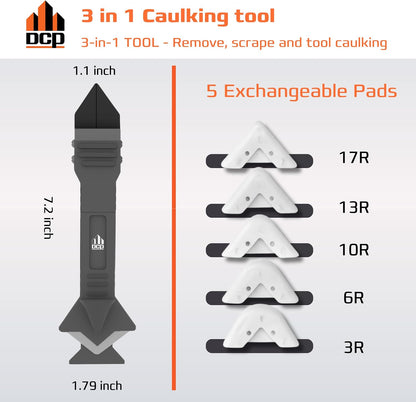 DCP Donseal 3 in 1 Caulking Tool Kit – Silicone Caulking Tool for Removal, Scraping & Finishing – Precise Caulk Remover & Applicator with 5 Tooling Pads – Stainless Steel Caulk Scraper for Smooth Seal