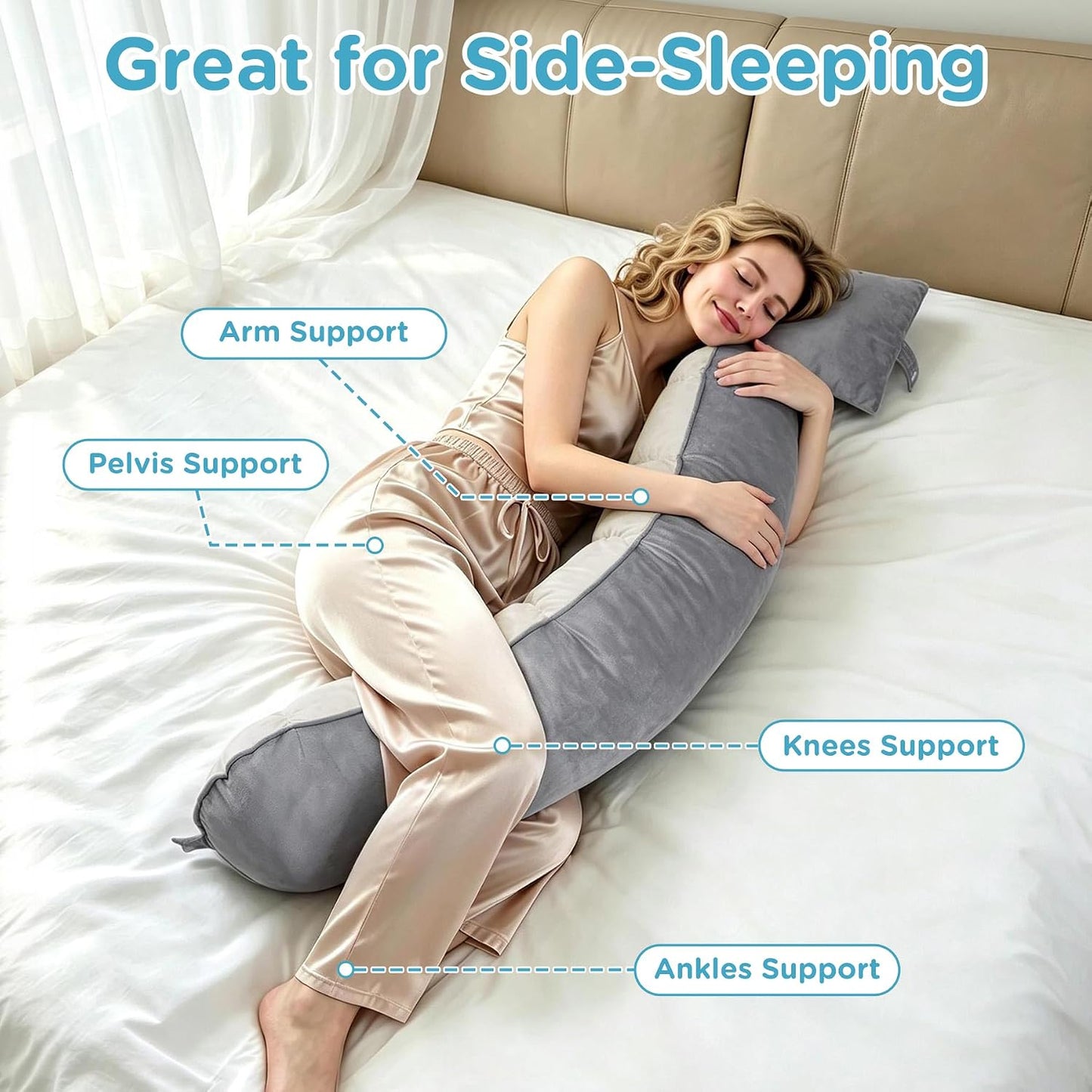 Ergonomic Reading Pillow with Arm & Back Support, U-Shaped | Long Round Lap Pillow, For Side Sleep, Crochet, Game, Work, Siting In Bed & Sofa, Short-pile Fabric, Memory Foam, Dark Grey