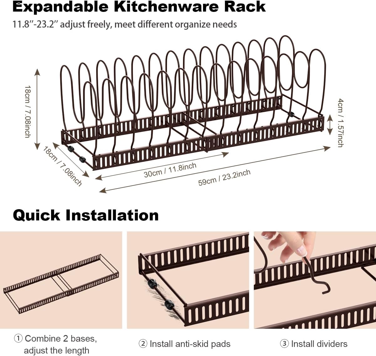 Housolution Pot and Pan Lid Organizer Holder Storage Rack, Black | 12"-23" Expandable, 14 Adjustable Dividers, Sturdy Metal Construction, Easy Assembly