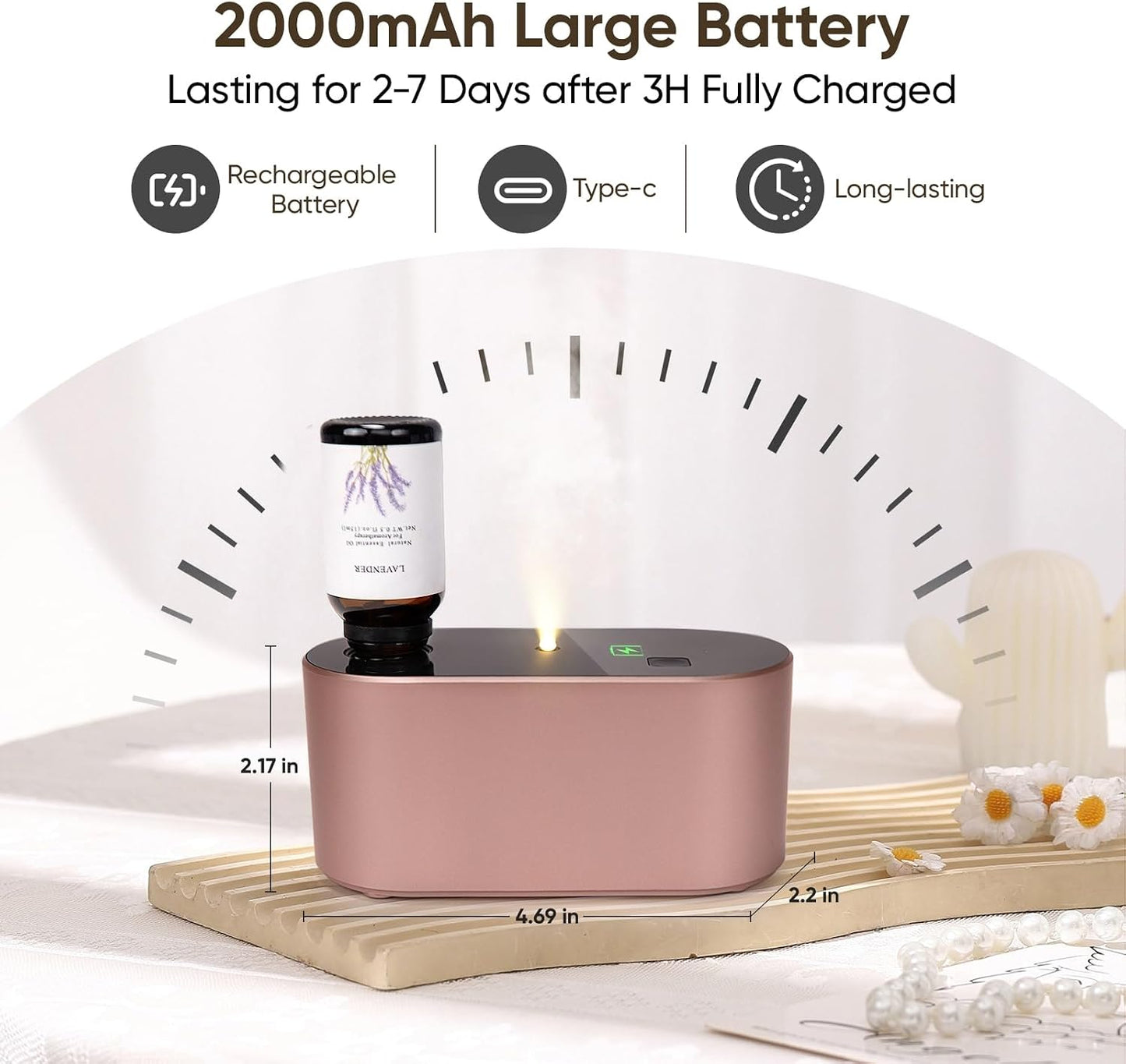 Lecdura Waterless Diffuser for Essential Oil, Battery Operated Scent Air Aromatherapy Diffuser, Mini Aroma Diffusers with 3 Intermittent Mist Modes, Cycle Start for 400-700 sq.ft Home Office Bedroom.