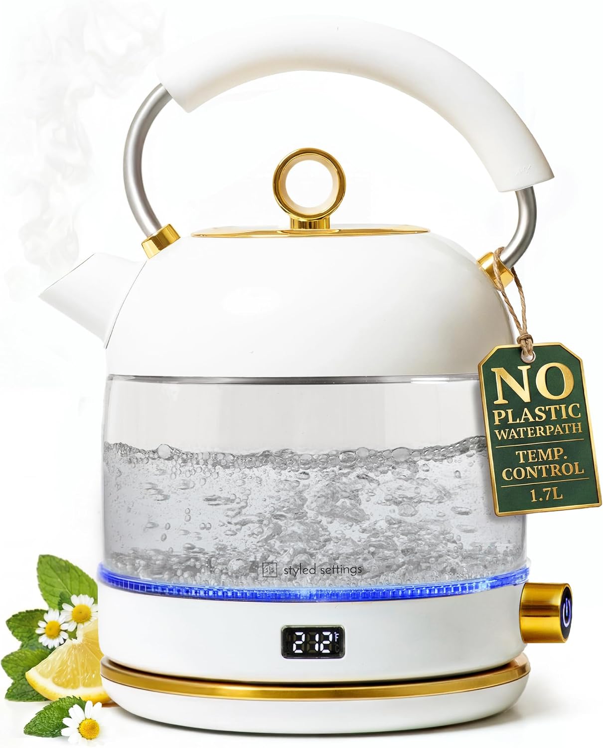 Styled Settings Stainless Steel Electric Kettle with Temperature Control | BPA and Plastic Free Electric Kettle with Keep Warm Function, Borosilicate Glass -1500W Hot Water Boiler with Digital Display