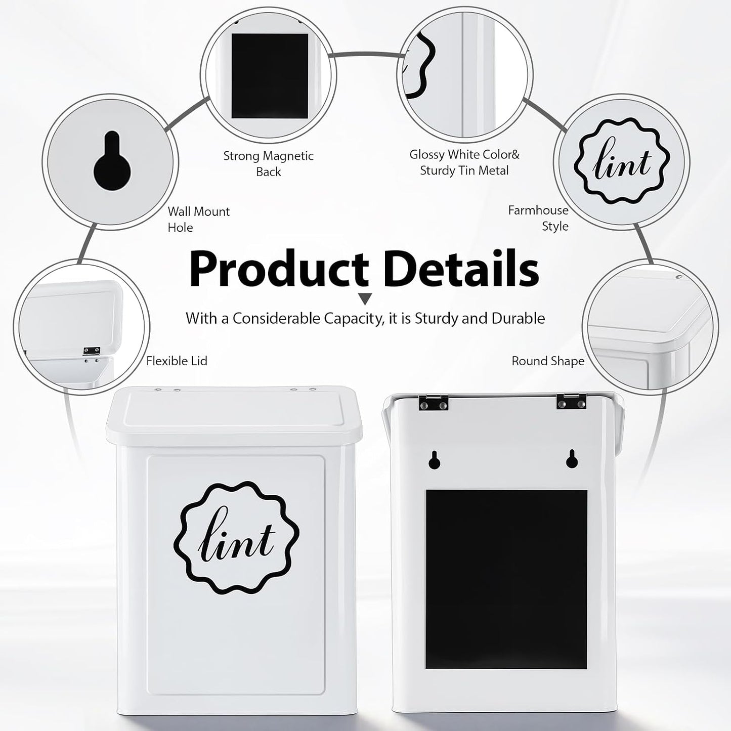 Magnetic Lint Trash Can, Metal Wall Mounted Lint Bin with Lid for Dryer, Laundry Room Organization, Lint Basket with Extended Soft Brush