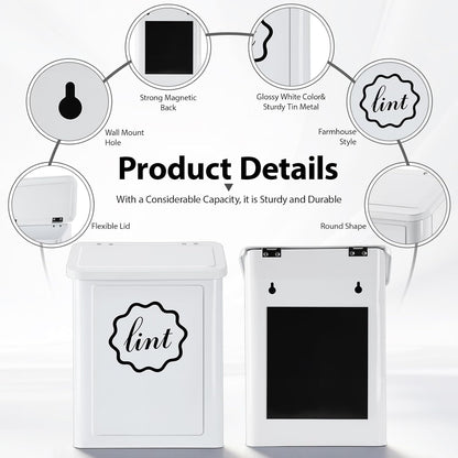 Magnetic Lint Trash Can, Metal Wall Mounted Lint Bin with Lid for Dryer, Laundry Room Organization, Lint Basket with Extended Soft Brush