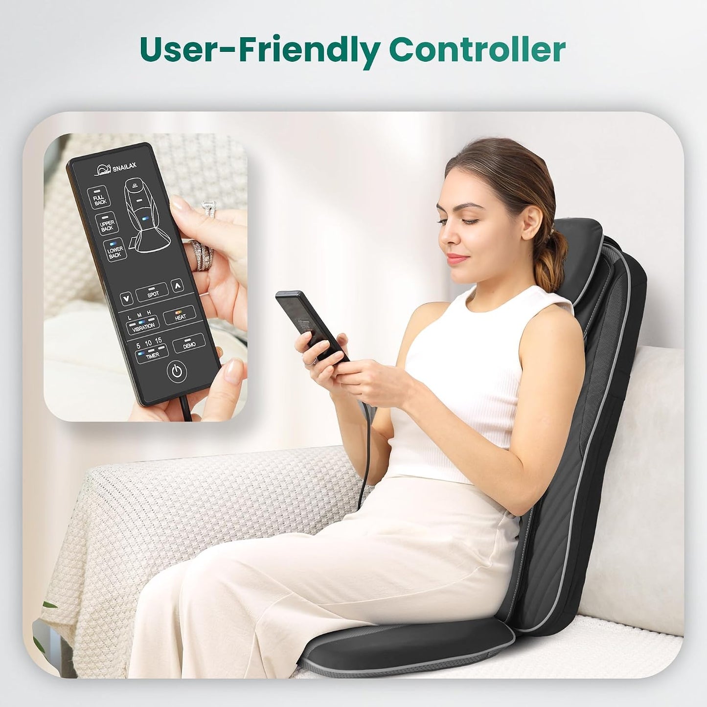 Snailax Shiatsu Back Massager with Heat, Deep Kneading Massage Chair Pad for Neck, Shoulders, Full Back & Waist, Adjustable Roller Massage Seat Cushion for Home Office, Pain Relief, Gift for Men Women