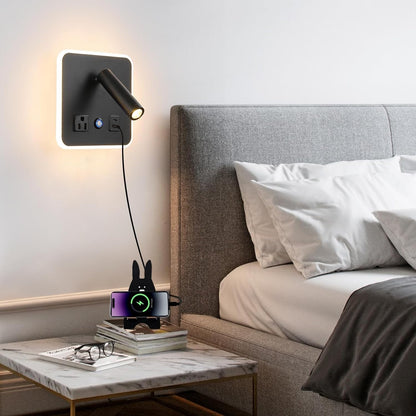 LED Headboard Reading Lamp, Dimmable Wall Sconce with USB-A/USB-C, White | Separate reading and ambient backlight controls, memory dimmer, adjustable angles, plug-in/hardwired, bedroom, bedside, hotel