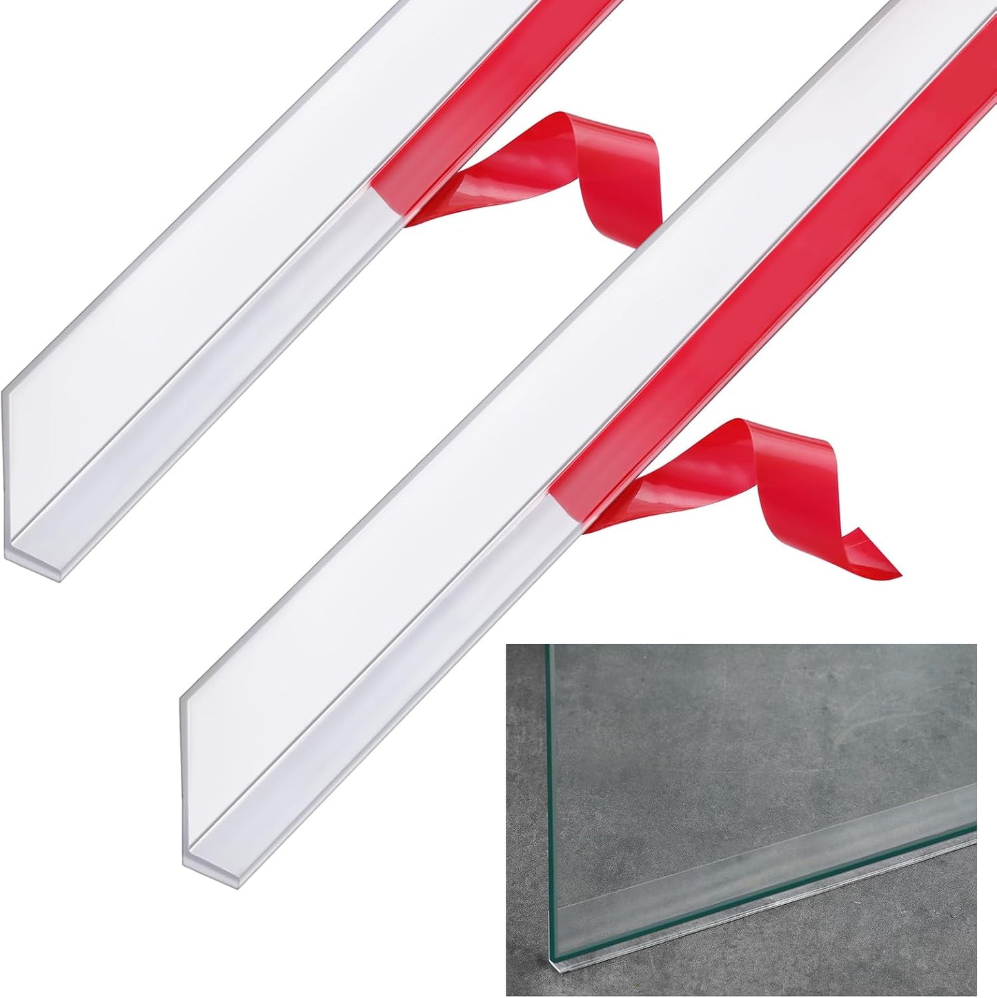 2 Pcs L-Type Seal Strip 3/8'' X 73'' Clear Vinyl Glass Shower Door | Self-adhesive for Easy Install, Water Dam at Shower Bottom Threshold, Fits Frameless Glass Gaps, Prevents Bathroom Leaks
