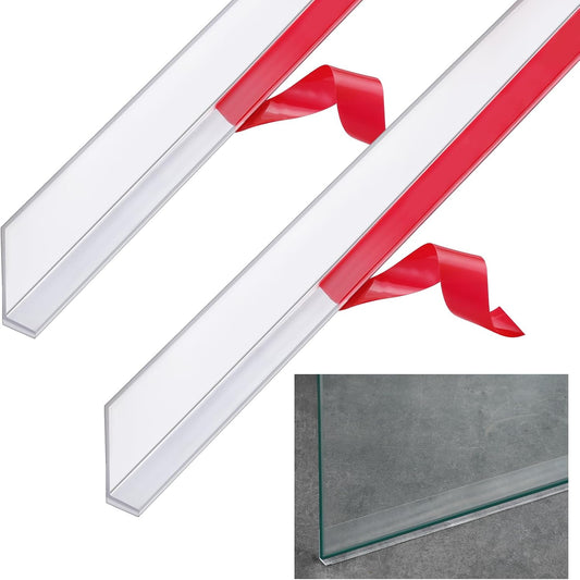 2 Pcs L-Type Seal Strip 3/8'' X 73'' Clear Vinyl Glass Shower Door | Self-adhesive for Easy Install, Water Dam at Shower Bottom Threshold, Fits Frameless Glass Gaps, Prevents Bathroom Leaks