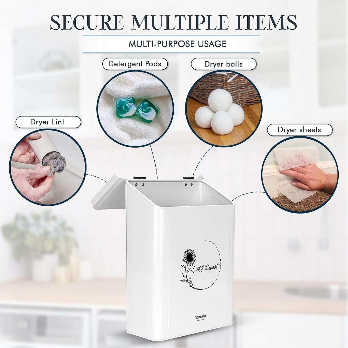 Knowstyle Metal Magnetic Lint Bin for Laundry Room Decor - Laundry Room Trash Can with Dryer Lint Brush for Dryer Vent – Metal Laundry Lint Bin with Clothes Lint Roller