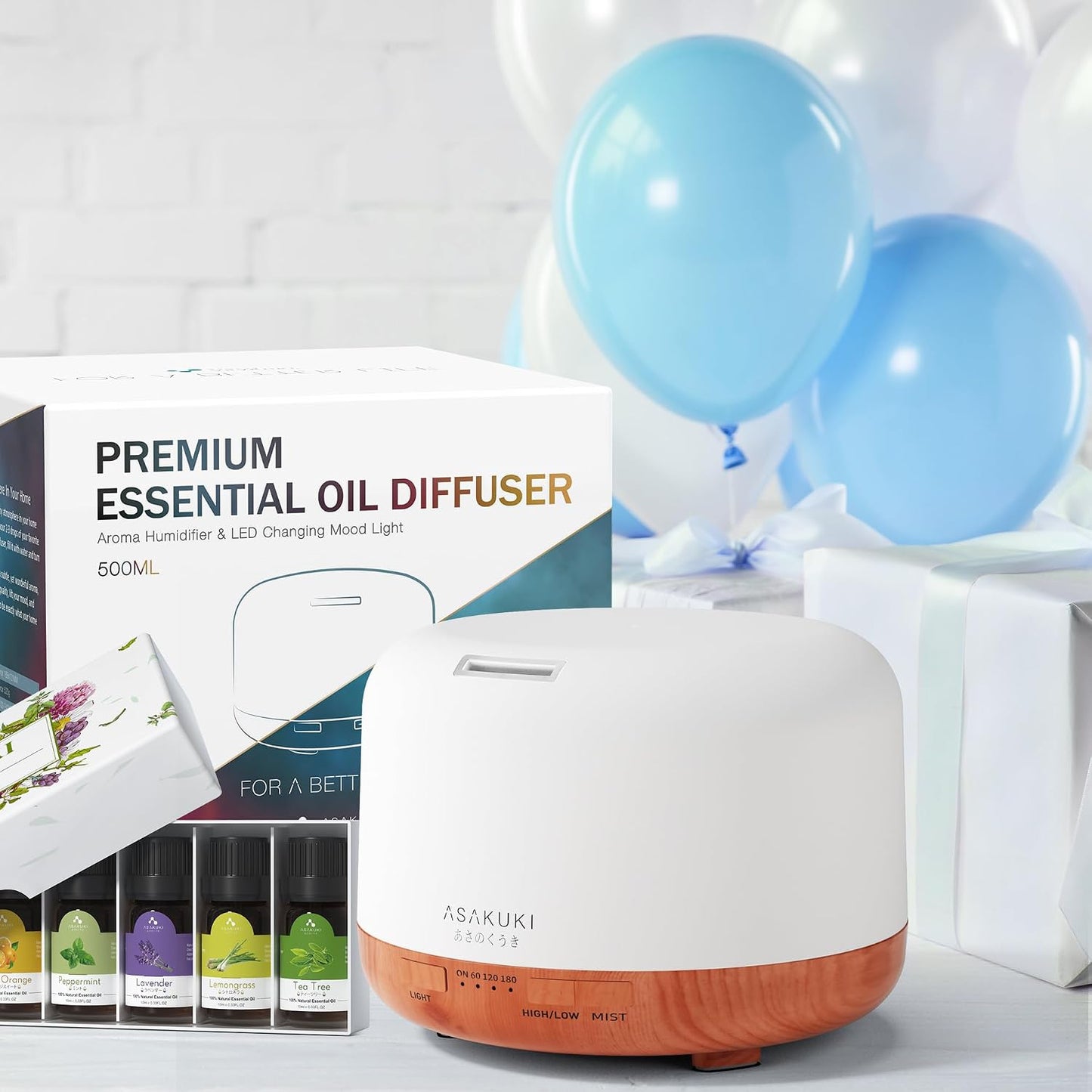 ASAKUKI Essential Oil Diffuser for Home, 500ML Aromatherapy Diffuser Humidifier with Remote Control, 7 Color LED Lights, Quiet Cool Mist Diffuser for Bedroom, Living Room, Office (White)