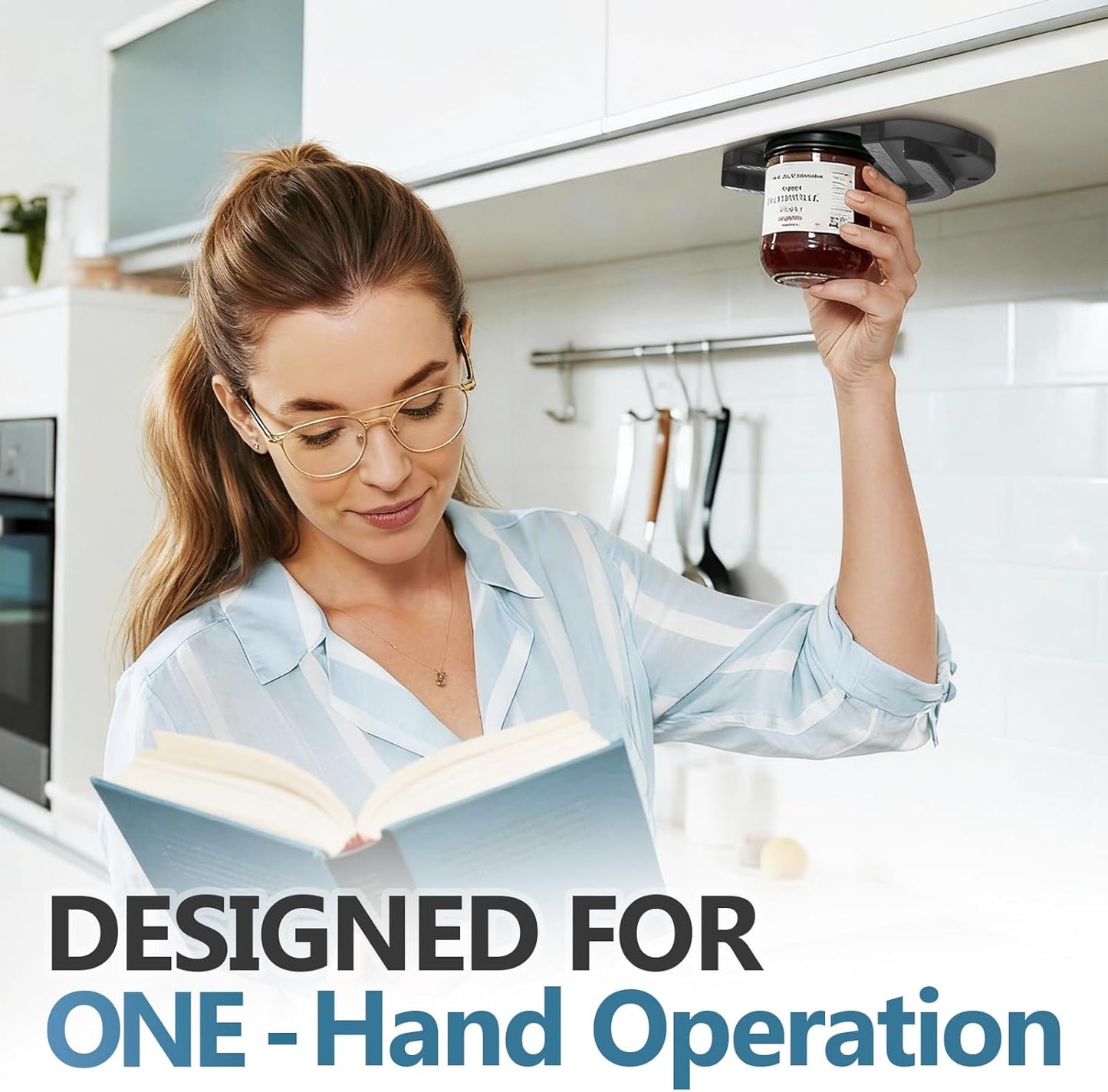 Mount-on Cabinet Jar Opener for Weak Hands,Seniors with Arthritis,Double U Shaped Grooves Grip Bottle Opener for Any Size Lid,304 Stainless Steel One-Handed Can Opener Tool for Home Assistance,Blue
