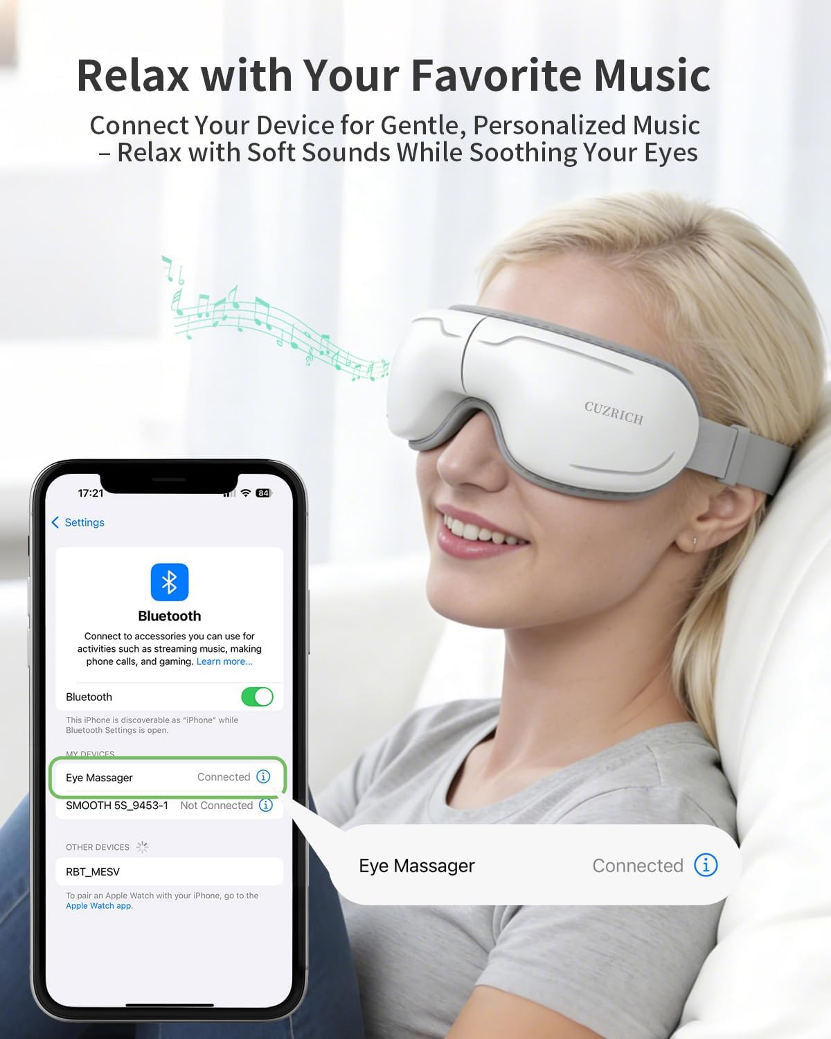 Eye Massager with Heat and Compression - Avocado Green Heated Eye Mask with Vibration, Bluetooth Music, 6 Modes, Rechargeable 1200mAh Battery for Eye Strain, Dry Eyes, Migraines Relief