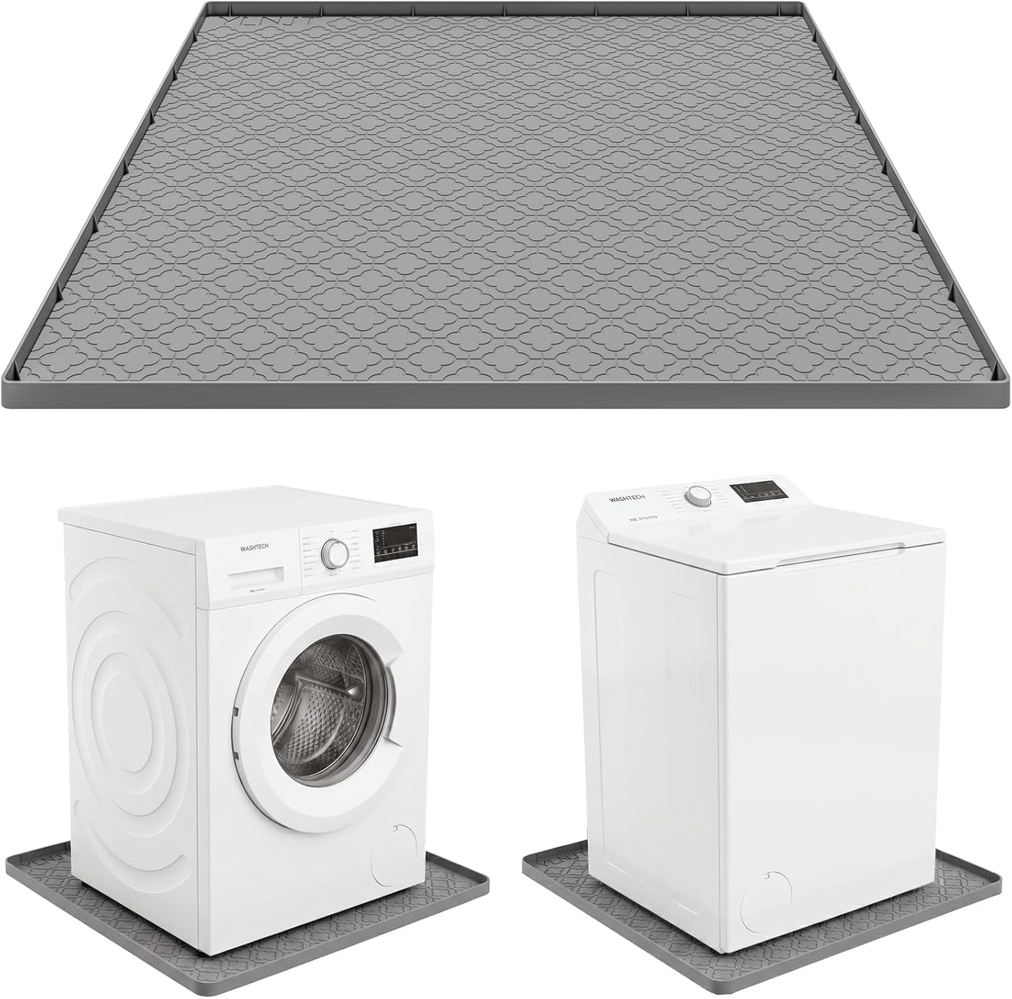 33 x 31 Inch Washing Machine Drain Pan, Silicone Washer Pan, Grey | 2cm Raised Waterproof Edge, Washer and Dryer Mat for Floor Protection, Fits Standard & Large Washers Up to 5.0 Cu.Ft.