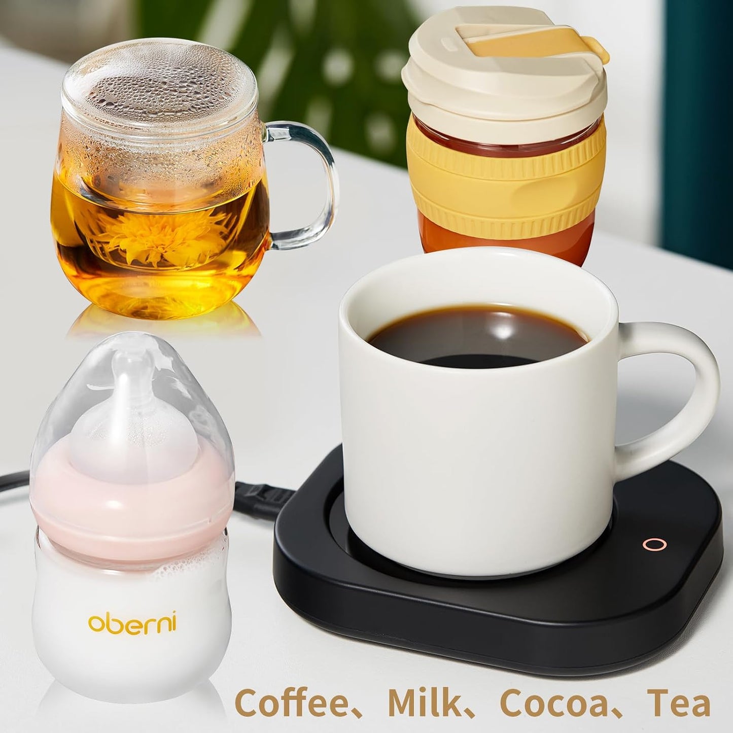 Mug Warmer with 4-Hour Auto Shut Off, 3 Temperature Settings, Frosted Black Rectangular Electric Beverage Heater, Borosilicate Glass Panel, 54-Inch Cord, Coffee Warmer for Desk, Tea Warmer