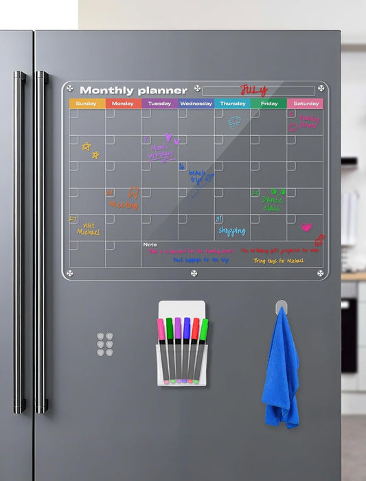 Acrylic Weekly Magnetic Calendar for Refrigerator, Fridge Calendar | Clear Dry Erase Board for Fridge Weekly Meal Planner Includes 8 Color Markers, 11.8"x15.7" Magnetic Menu Board for Kitchen