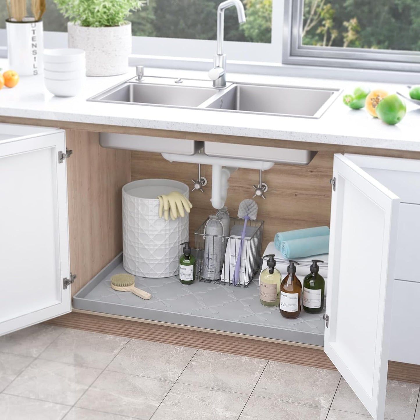 Waterproof Under Sink Mat 34" x 22", Silicone Mat Kitchen liner | BPA-Free Silicone Tray with Raised Lip Protect Cabinets from Leaks, Versatile Home Organizer for Bathroom, Pets, Boots, Floor