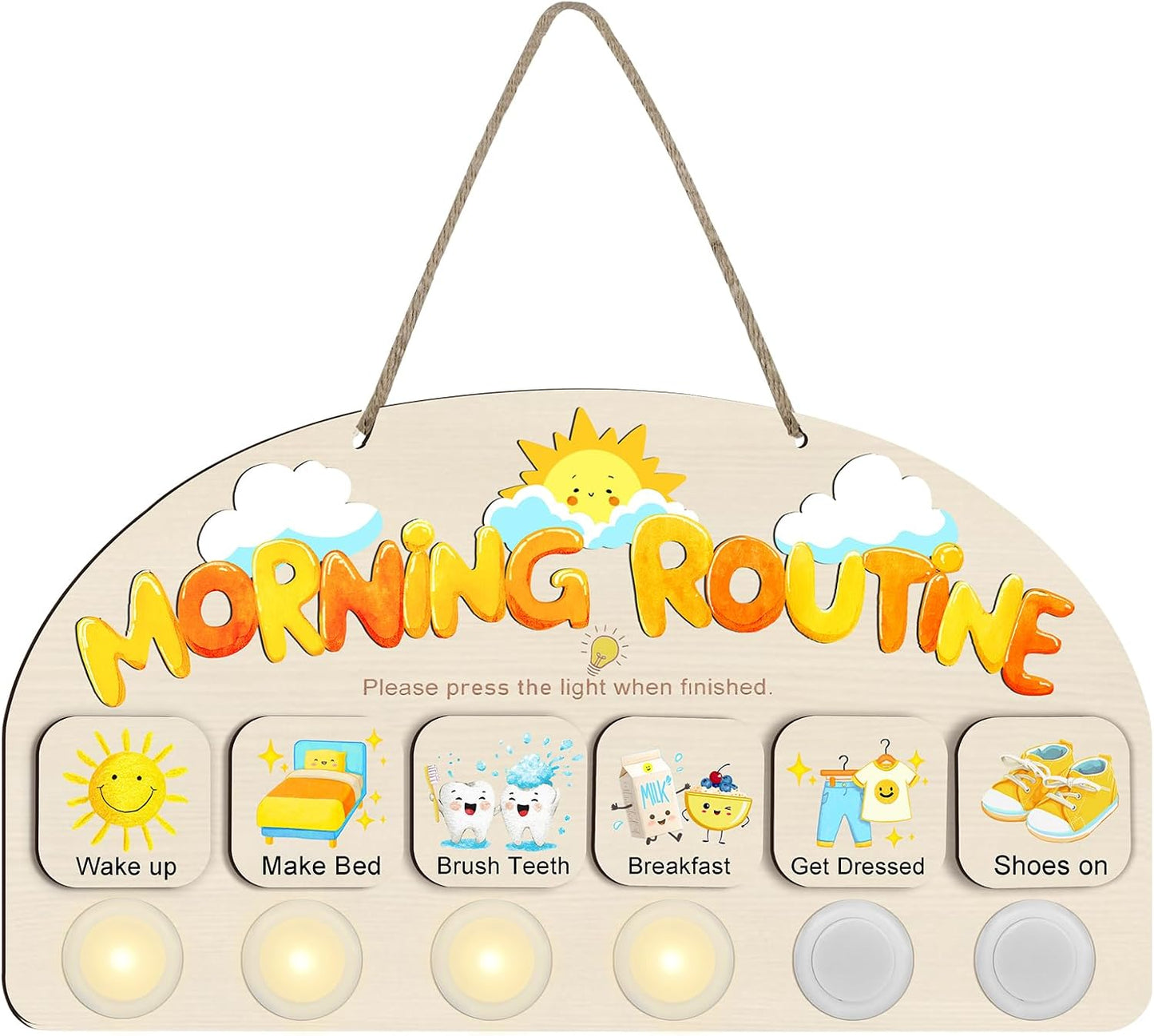 Morning Routine Chart for Toddlers, Visual Schedule Chart Planner | to Do List with 6 Tap Lights & 10 Activity Cards, Wooden Checklist Schedule Board for Kids, Autism, Preschoolers, ADHD Tools