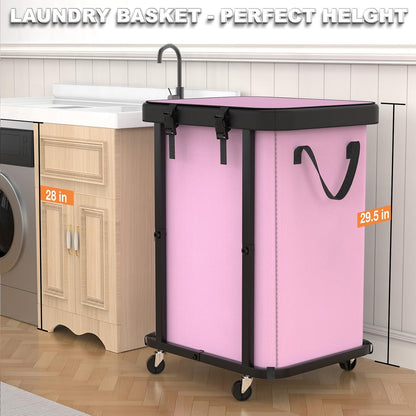 Laundry Hamper with Wheels,150L Leather Patchwork Clothes Hamper Black | Rolling Laundry Basket with Sturdy Metal Frame, Removable Washable Bag,Tall Clothes Sorter for Bedroom, Laundry Room, Dorm