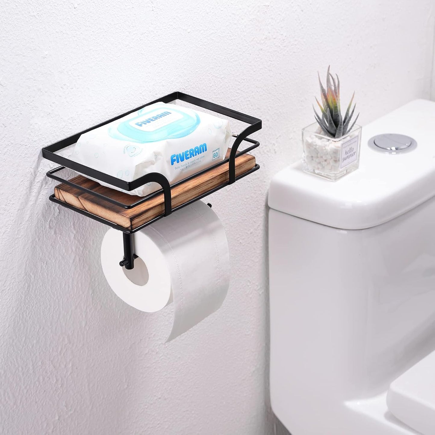 Rustic Farmhouse Toilet Paper Holder with Shelf - Farmhouse Bathroom Rustic Country Decor - Rustic Bathroom Accessories with Warm Brown Wood Shelf for Wipes&Cell Phone&Reading, Black Metal