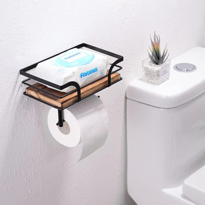 Rustic Farmhouse Toilet Paper Holder with Shelf - Farmhouse Bathroom Rustic Country Decor - Rustic Bathroom Accessories with Warm Brown Wood Shelf for Wipes&Cell Phone&Reading, Black Metal