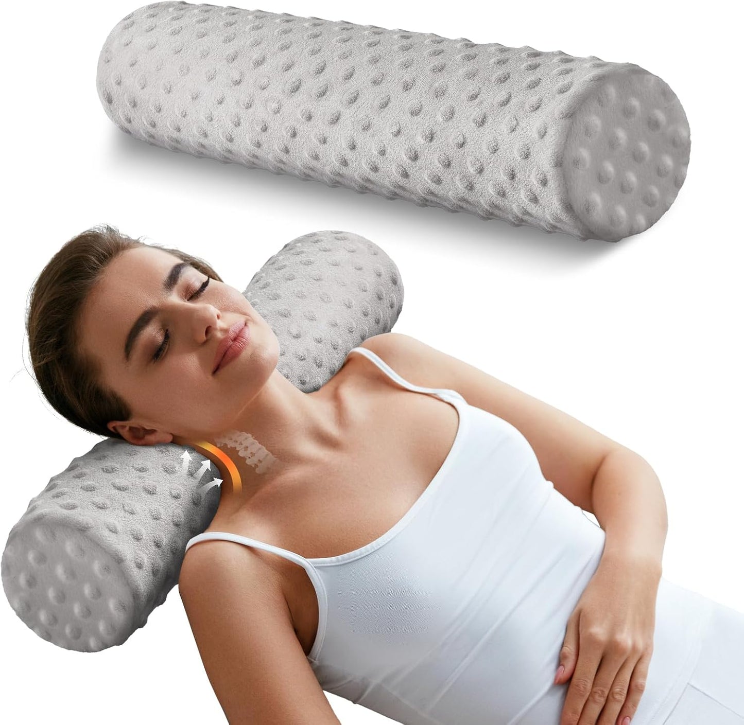 Memory Foam 4" Round Pillow, Cervical Neck Pillow for Pain Relief, Cylinder Pillows 18"x 4", Removable Cover, Neck Roll Pillow for Sleeping, Velvet Dots, Grey