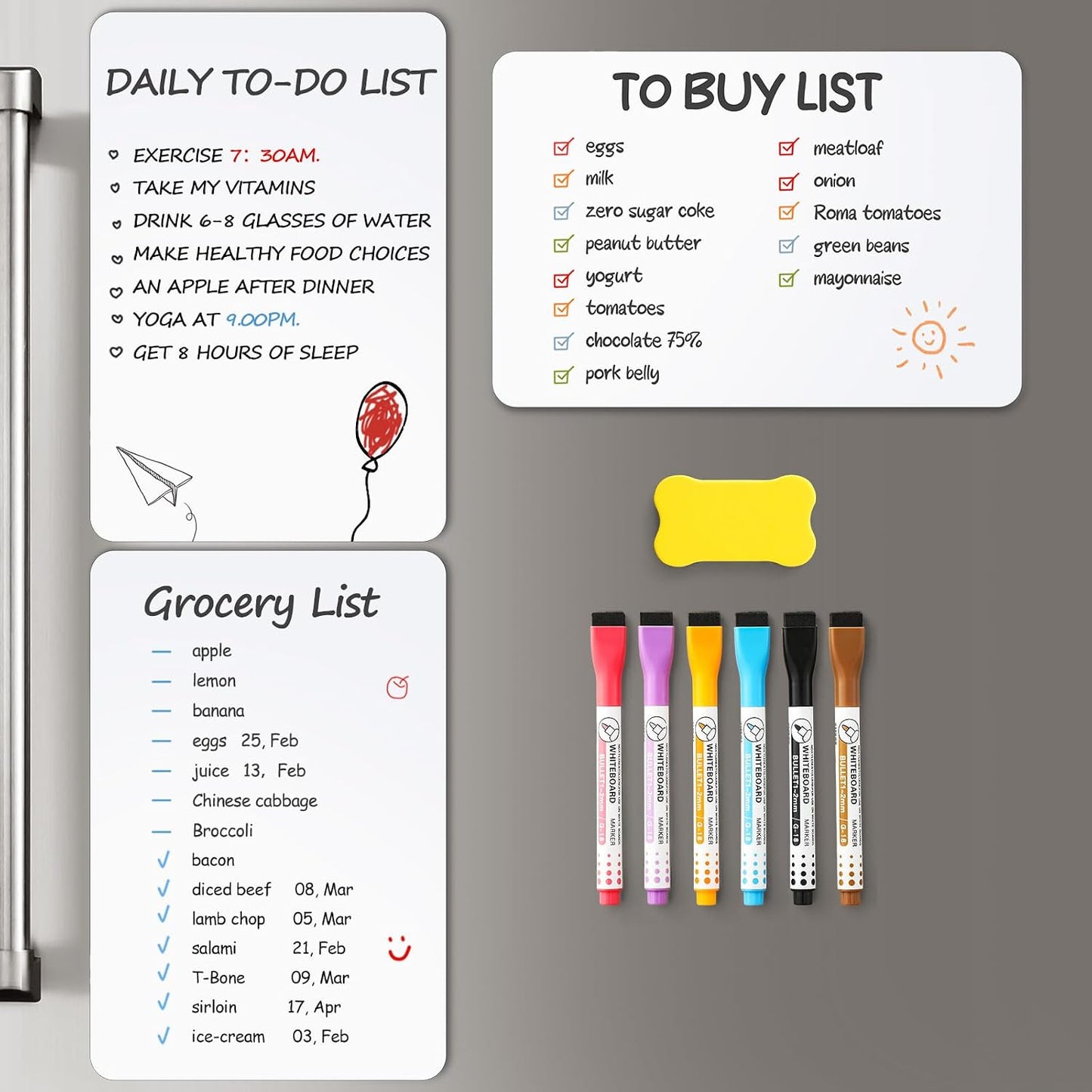 4 PACK Magnetic Dry Erase Board Sheet for Fridge, 12"x8" Erasable Refrigerator WhiteBoard w/ 6 Markers & 1 Eraser- Smooth and Flexible Small Magnet Blank Notepad for Home Kitchen Organizer and Planner