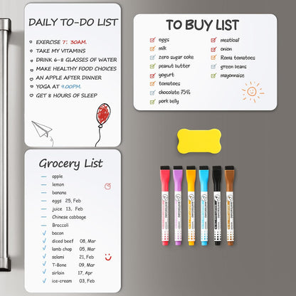 4 PACK Magnetic Dry Erase Board Sheet for Fridge, 12"x8" Erasable Refrigerator WhiteBoard w/ 6 Markers & 1 Eraser- Smooth and Flexible Small Magnet Blank Notepad for Home Kitchen Organizer and Planner