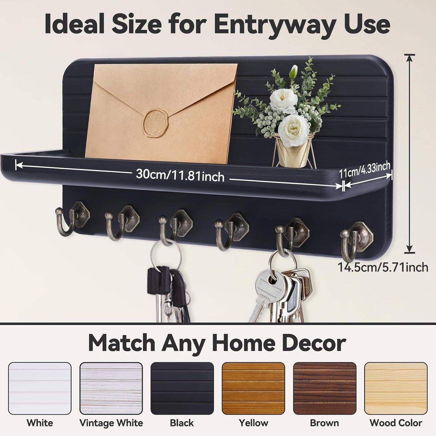 Key Holder for Wall, Mail Organizer Wall Mount with 6 Hooks Wooden Hanging Key Rack for Home Decor, Hallway, Entryway (Yellow)
