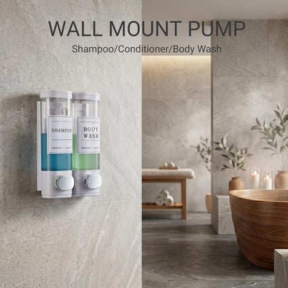 Shampoo and Conditioner Dispenser, Shower Soap Dispenser Wall Mounted, Shampoo Dispenser for Shower Wall No Drill, Bathroom Body Wash Dispenser 2 * 350ml White 2 Chamber