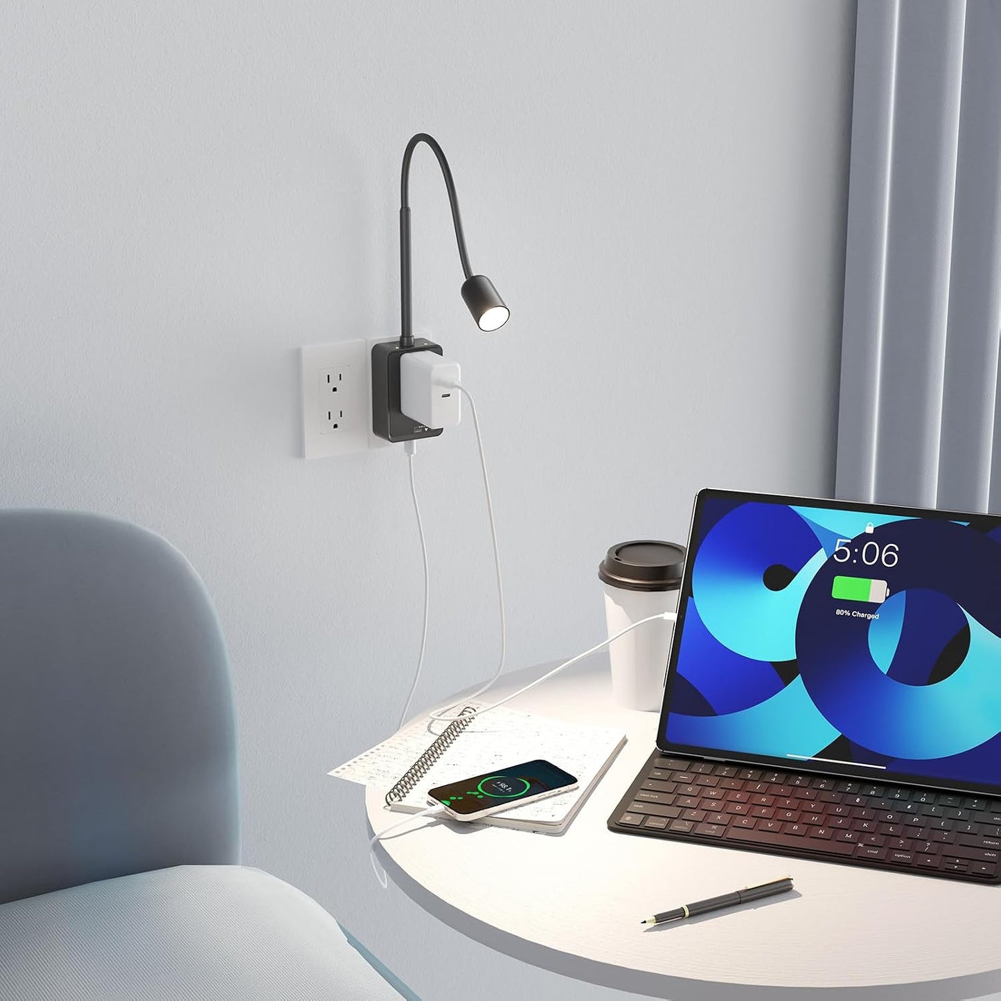 Plug in LED Book Reading Spot Light, White Dimmable Wall Sconce Lamp with Power Plug and Outlet Extender for Kitchen Bedroom Living Room, 3 Lighting Colors, USB Output Charging Ports