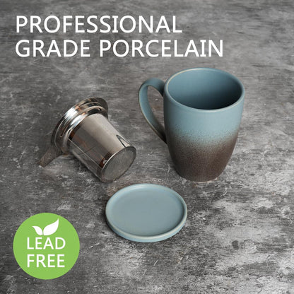 Bosmarlin Ceramic Tea Cup with Infuser and Lid, 13.5 Oz, Loose Leaf Tea Steeper Mug with Strainer, Microwave and Dishwasher Safe, Reactive Glaze (13.5 Oz, Pale Green)