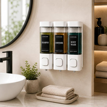 Shampoo and Conditioner Dispenser, Shower Soap Dispenser Wall Mounted, Shower Dispenser 3 Chamber No Drill for Bathroom Large Capacity (Silver)