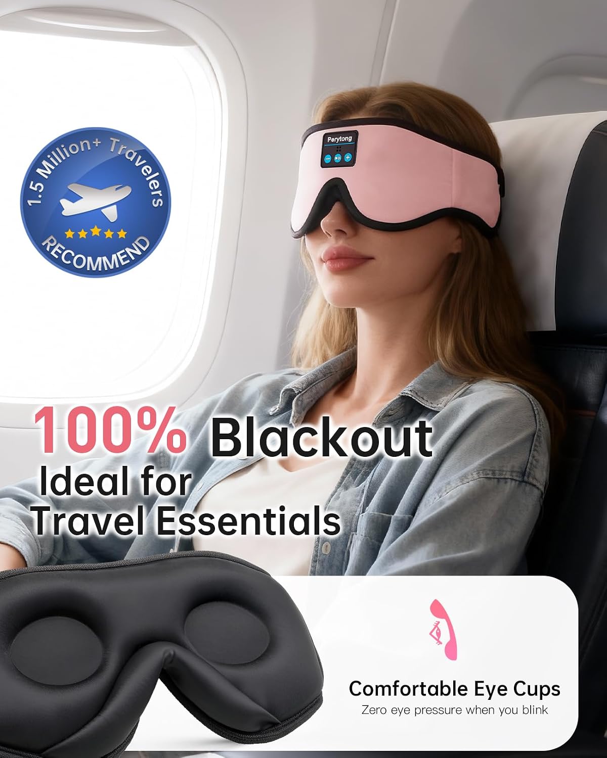 Perytong Sleep Mask with Bluetooth 5.4 Headphones, Wireless Music Sleep Eye Mask for Side Sleepers, 3D Contoured Comfort & Built-in HD Stereo Earphones, Blackout for Travel (Peach Pink)