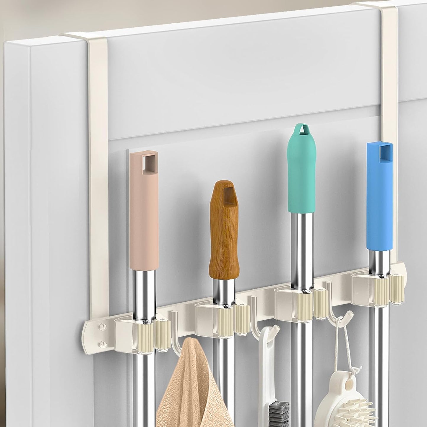 Broom Holder Over The Door with Hooks -304 Stainless Steel (Black) | Save Space, Anti-Rust & Sturdy, Mop and Broom Holder Wall Mounted or Hanging Over The Door, for Garage Laundry Kitchen