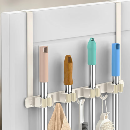 Broom Holder Over The Door with Hooks -304 Stainless Steel (Black) | Save Space, Anti-Rust & Sturdy, Mop and Broom Holder Wall Mounted or Hanging Over The Door, for Garage Laundry Kitchen