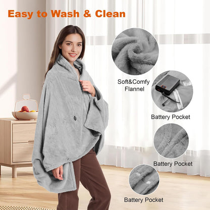Heated Throw Blanket, Graphene Electric Heated Shawl, 20000mAh 7.4V Battery Operated, Fast Heating with 3 Temperature Levels Portable Heated Blanket, Wearable Cordless Heated Wrap (Khaki)