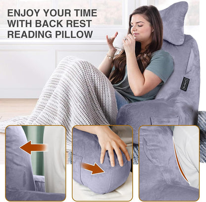 SLIGUY Reading Pillow-Bed Rest Pillow with Detachable Neck Roll & Support Arm for Sitting in Bed Couch or Floor-Backrest Reading Pillow Adult Back Pillow for Reading/Watching TV/Gaming,Dark Grey