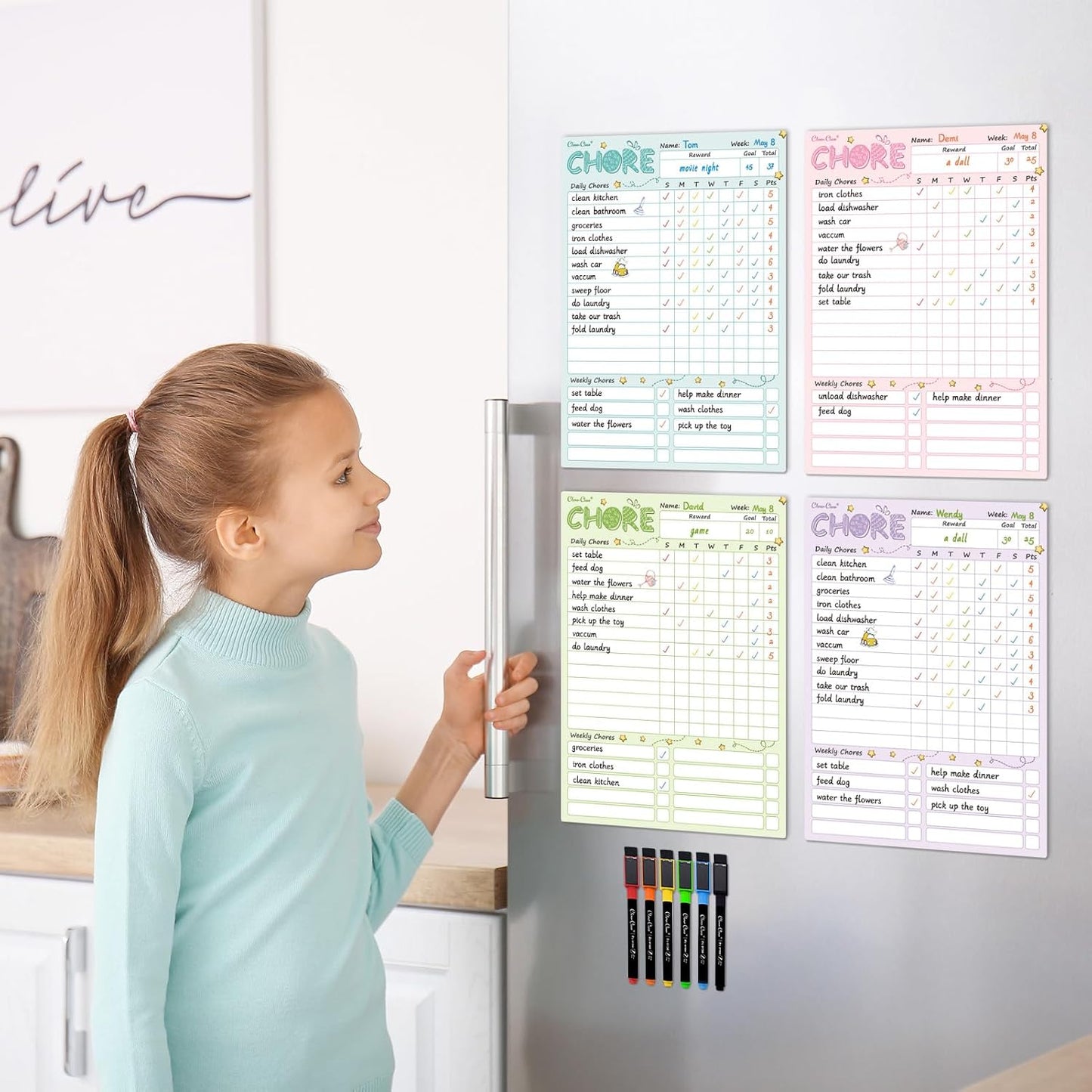 Magnetic Dry Erase Chore Chart - 8.5"x12" Behavior Responsibility Chore Board for Kids, Teenagers - 6 Extra Fine Point Markers Included - Shipped Flat 3 Pcs Blue Pink & Green