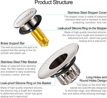 coamanug Bathtub Stopper | Shower Drain Hair Catcher, Pop-up Tub Stopper with Strainer | Bathroom Drain Plug | Drain Protector for 1-1/2 to 1-3/4"" Bath Drain Hole