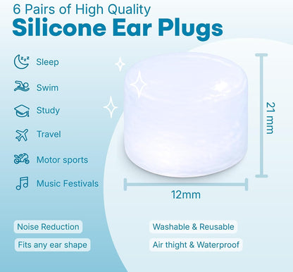 Medi Grade Silicone Ear Plugs for Sleeping, 6 Pairs, 27dB Noise Reduction
