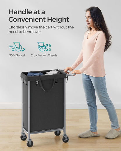SONGMICS Laundry Basket with Wheels, 4-Section Rolling Laundry Hamper, 68.6 Gallons (260 L), Removable Liner, Steel Frame with Handle, 43.3 x 15.4 x 31.9 Inches, Cream White URLS014W01